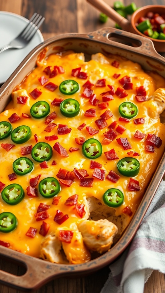 A delicious Keto Jalapeno Popper Chicken Casserole with bubbling cheese and jalapenos, garnished with bacon, served on a rustic table.