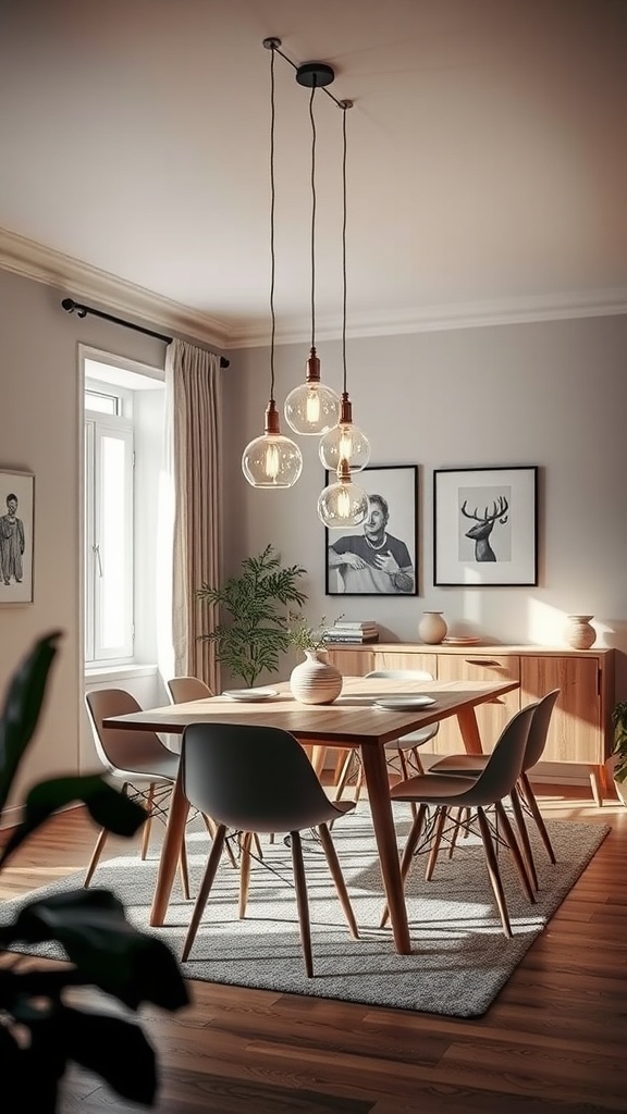 A Scandinavian inspired dining room with pendant lighting, a wooden table, and stylish chairs.