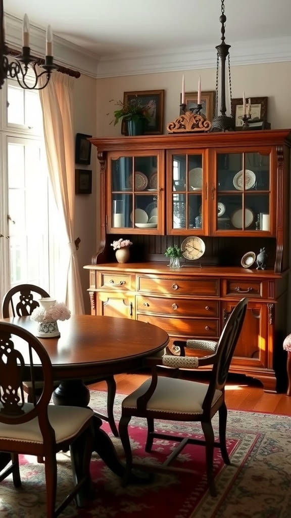 Cozy farmhouse dining room featuring antique furniture and warm lighting.