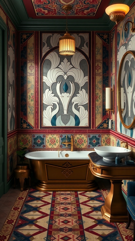 A luxurious bathroom with Art Deco style tiles featuring intricate floral designs and geometric patterns.