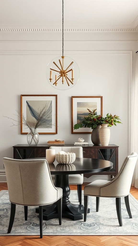 A neutral dining room featuring a round table, soft chairs, and artful wall decor.