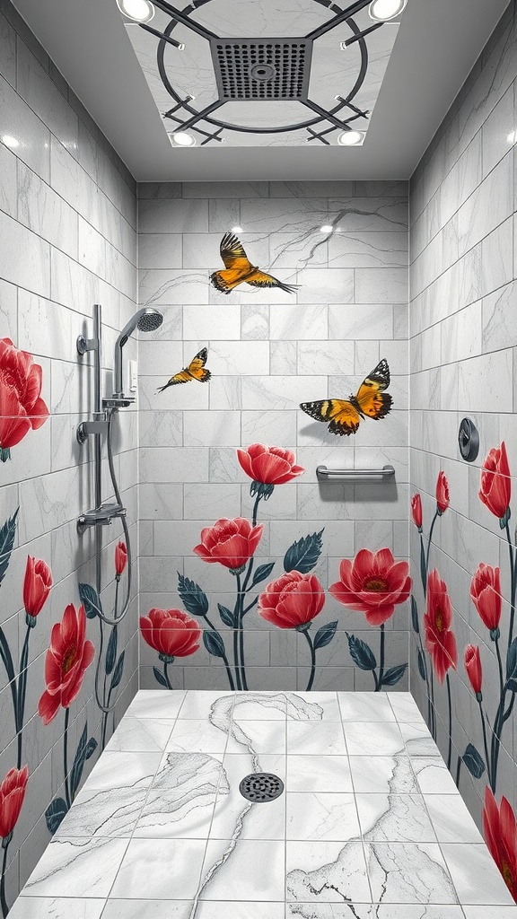 A beautifully designed shower featuring artistic tile murals of flowers and butterflies, showcasing a modern and vibrant bathroom design.