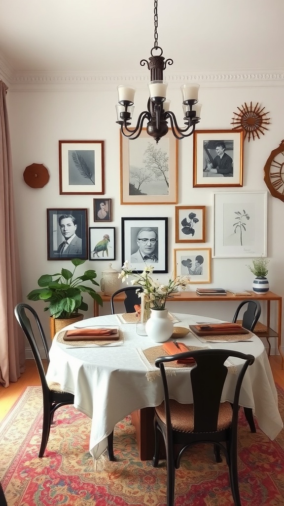 A dining room featuring artistic wall decor with framed artworks and a chandelier.