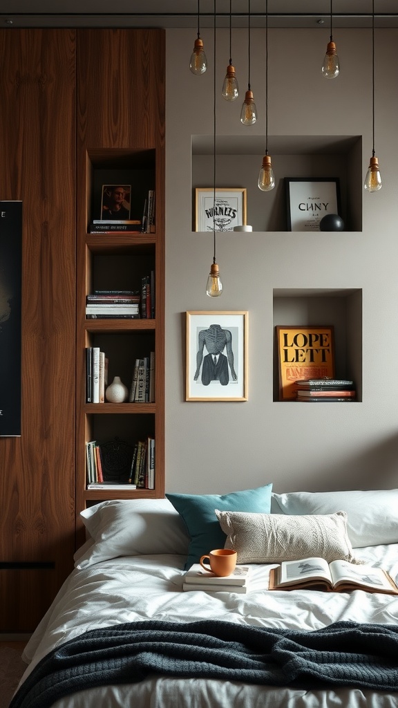 A beautifully arranged bedroom featuring artistic wall niches for book display, showcasing both books and decorative items.