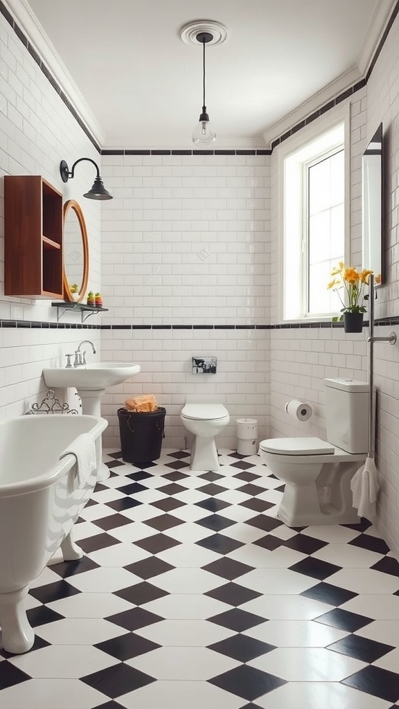 Bathroom featuring a black and white checkerboard floor with white subway tiles and modern fixtures.