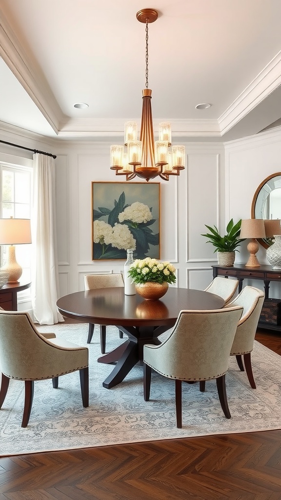 A transitional dining room featuring a round wooden table, upholstered chairs, an elegant chandelier, and floral artwork.