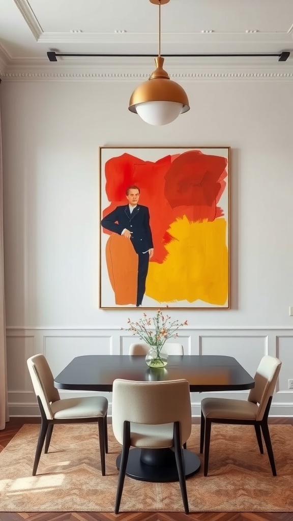 A stylish dining room featuring a large bold artwork, a modern table, and chic chairs.