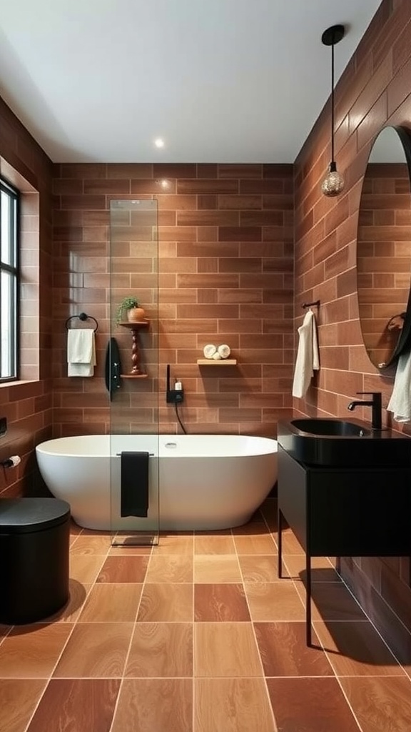 A modern bathroom featuring brown tile walls and flooring, with black fixtures and a white bathtub.