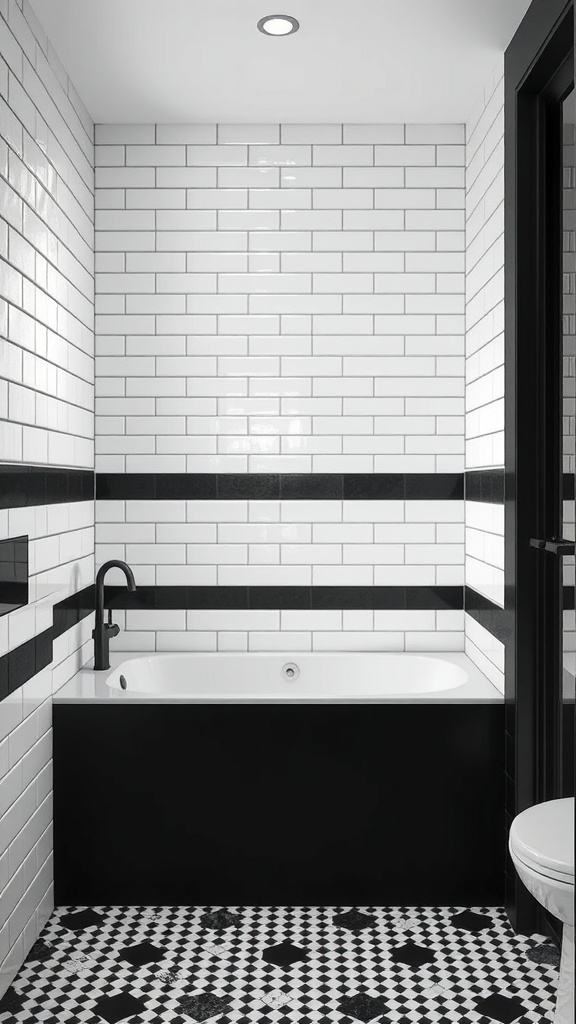 A luxury bathroom featuring a black and white color scheme with subway tiles, patterned floor tiles, and a sleek bathtub.