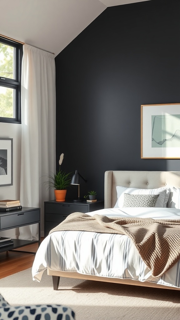 A stylish bedroom featuring a bold charcoal accent wall, light bedding, and modern decor.