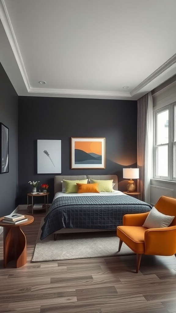 A modern bedroom featuring bold charcoal gray walls, colorful accents, and stylish decor.