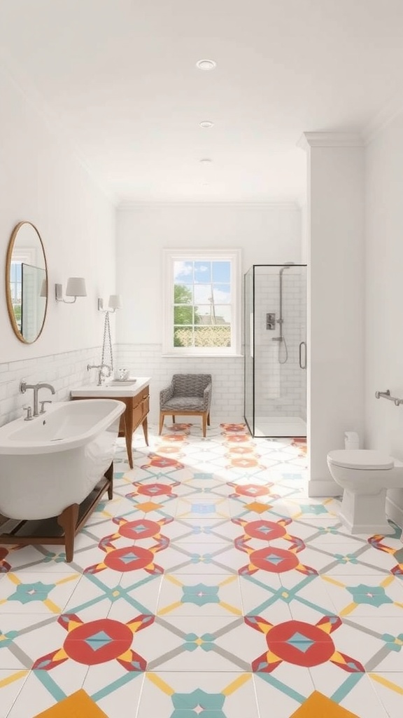 A bathroom featuring vibrant geometric floor tiles with a colorful pattern, complemented by white subway tiles on the walls.