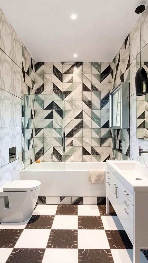 A bathroom shower featuring bold geometric tile patterns in various colors.