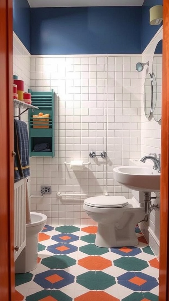 A small bathroom featuring bold geometric patterned tiles in blue, orange, and green on the floor, with white subway tiles on the walls.