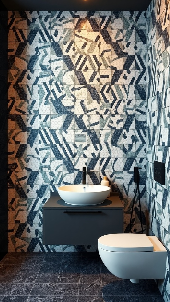 A modern bathroom featuring bold mosaic tile designs in shades of blue and white along the walls, with a simple sink and dark cabinetry.