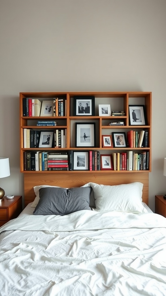 A cozy bedroom featuring a bookshelf headboard filled with books and framed pictures, creating a unique focal point above the bed.