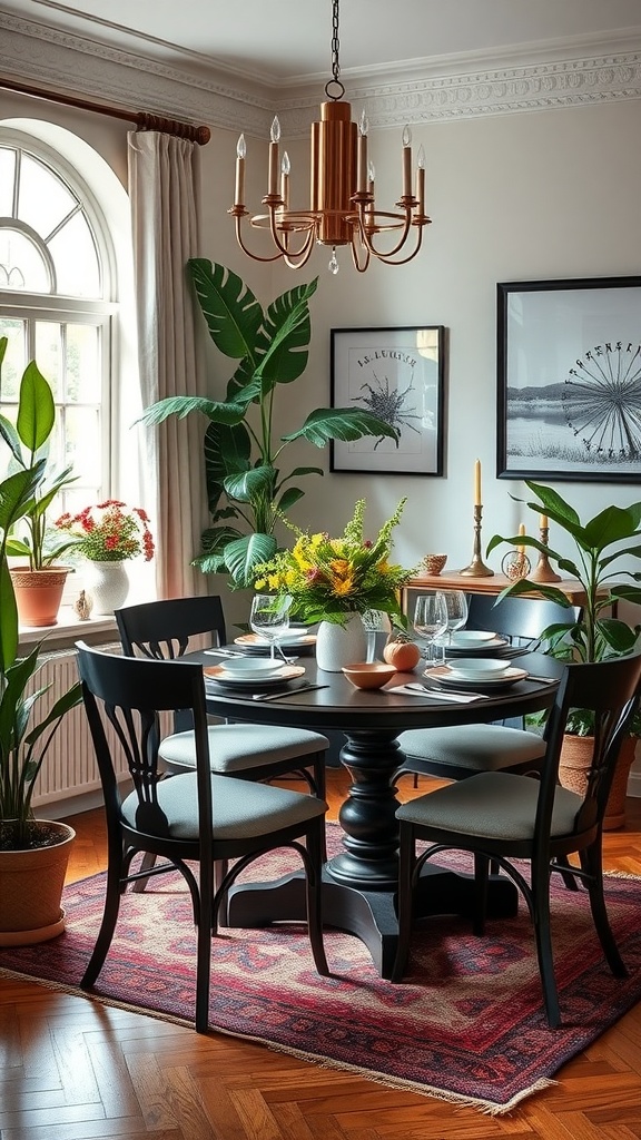 A stylish dining room with a round table, black chairs, plants, and a chandelier.