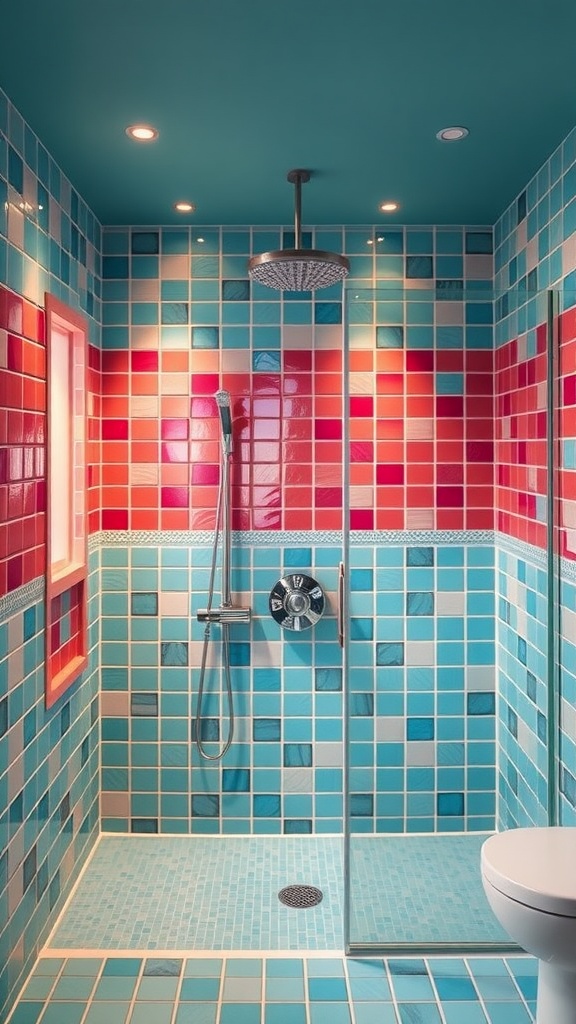 Vibrant shower tiles in red, blue, and aqua, showcasing a bold bathroom shower design.