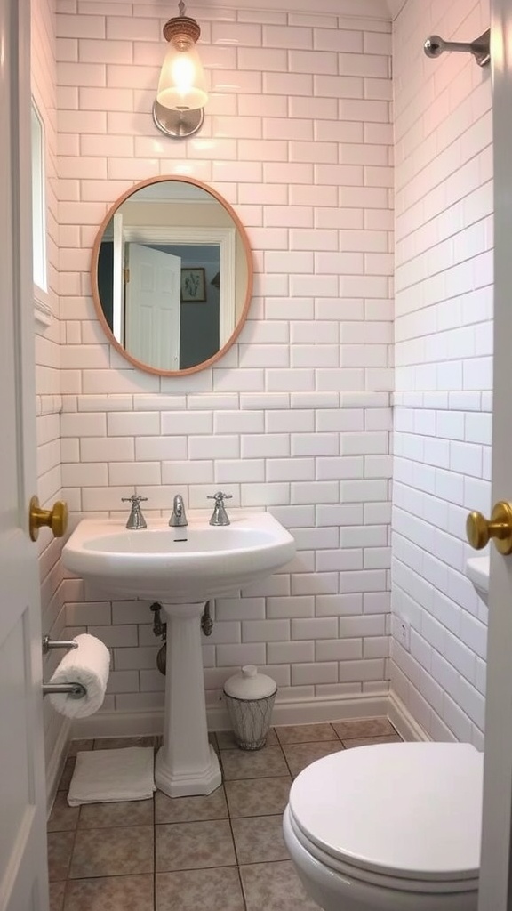 A small bathroom featuring bright white subway tiles, a round mirror, and a vintage light fixture.