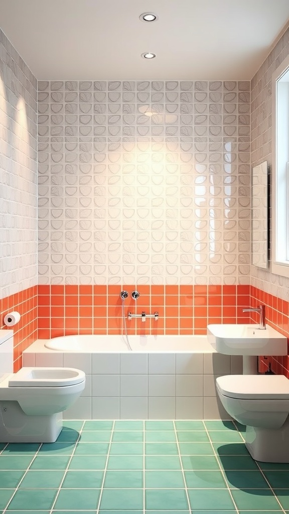 A modern bathroom featuring brightly colored accent tiles in orange and teal