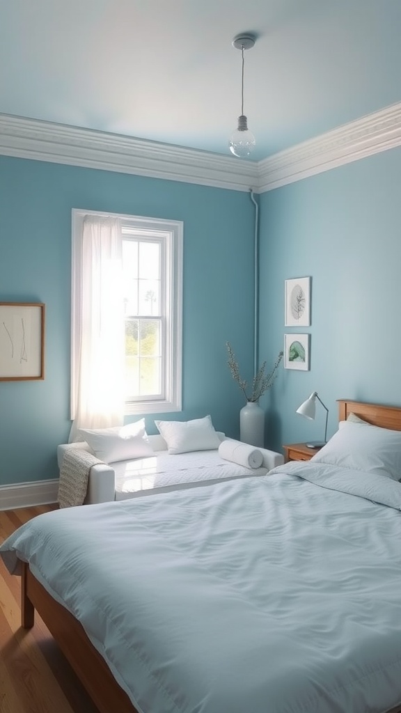 A bedroom with calming blue walls, light bedding, and natural light coming in through a window.