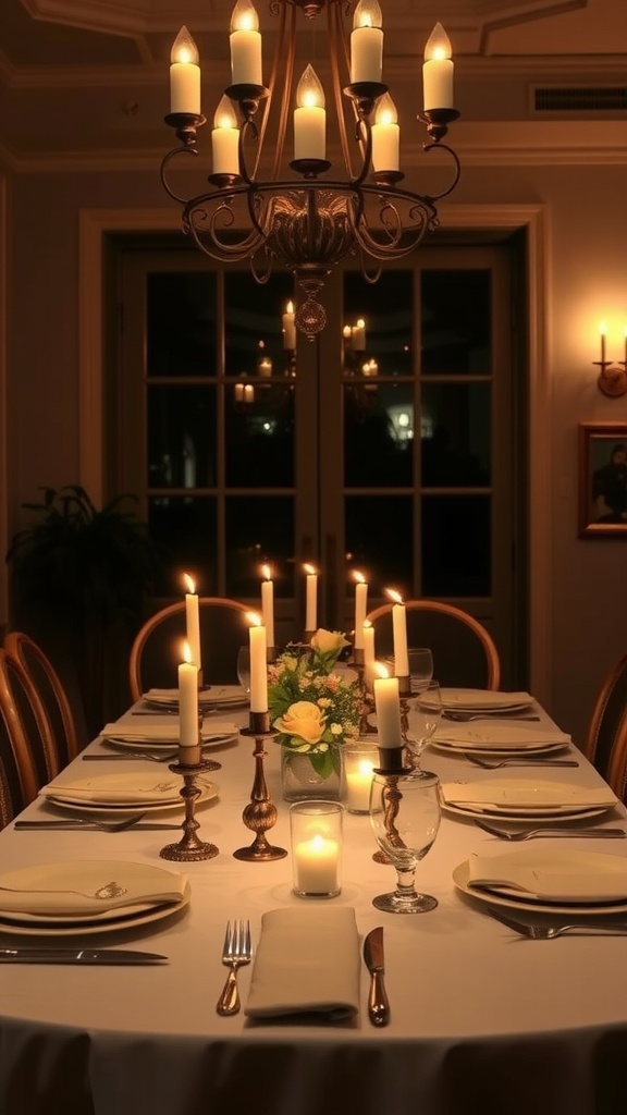 A candlelit dining room with a beautifully set table featuring candles and floral decorations.