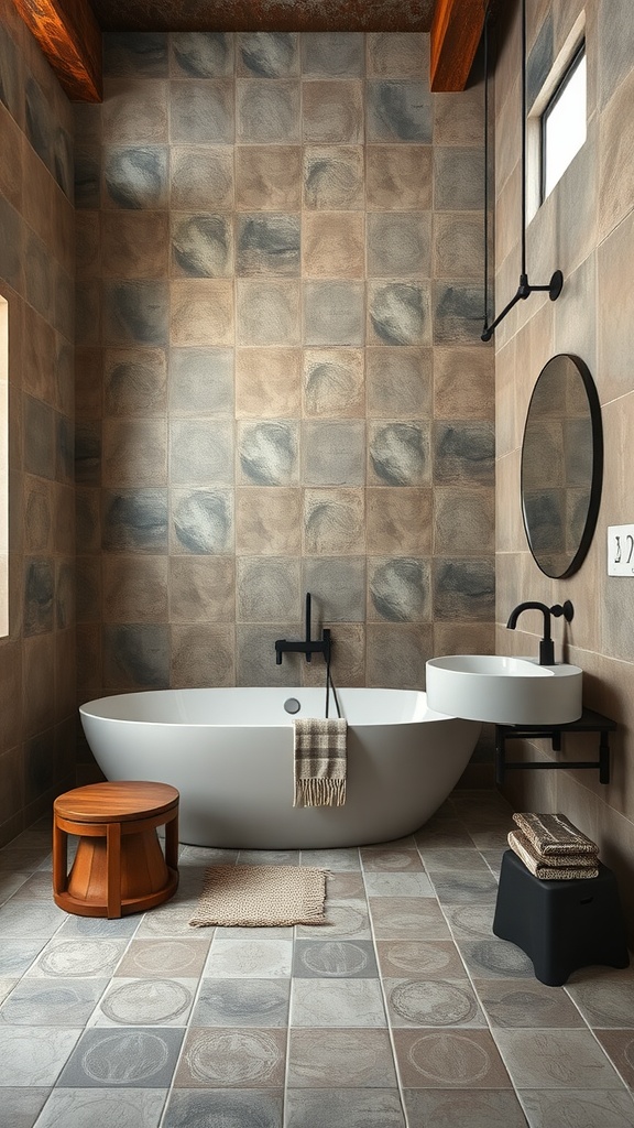 A modern bathroom featuring cement tiles on the floor, accented with black fixtures and a sleek bathtub.