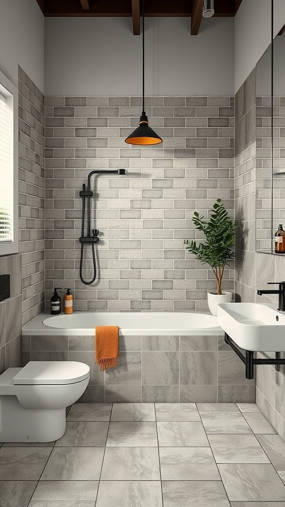 A modern bathroom featuring large gray cement tiles on the floor, sleek white fixtures, and industrial design elements.