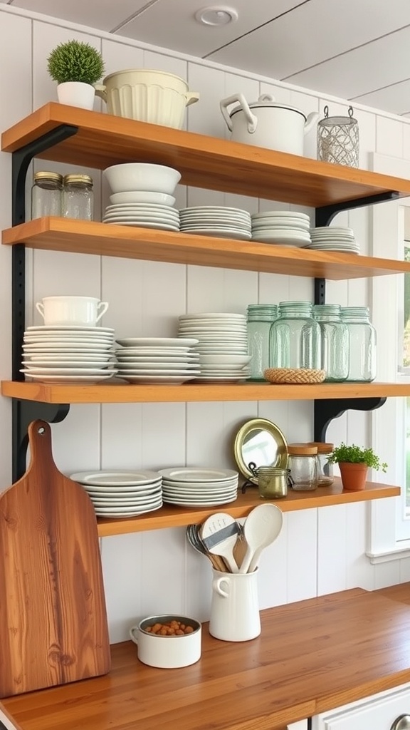 Open shelving display in a cozy farmhouse dining room with various dishes and decorative items.