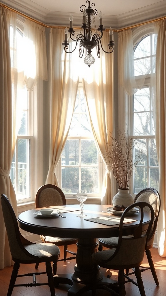 Cozy farmhouse dining room with soft curtains and a round table