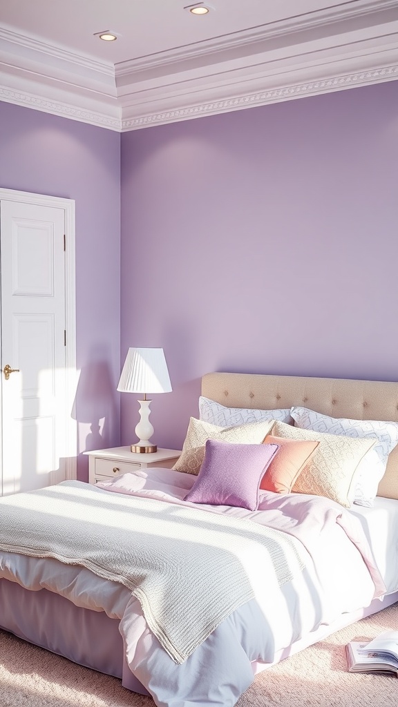 A modern bedroom featuring chic lavender walls, soft bedding, and a cozy atmosphere.