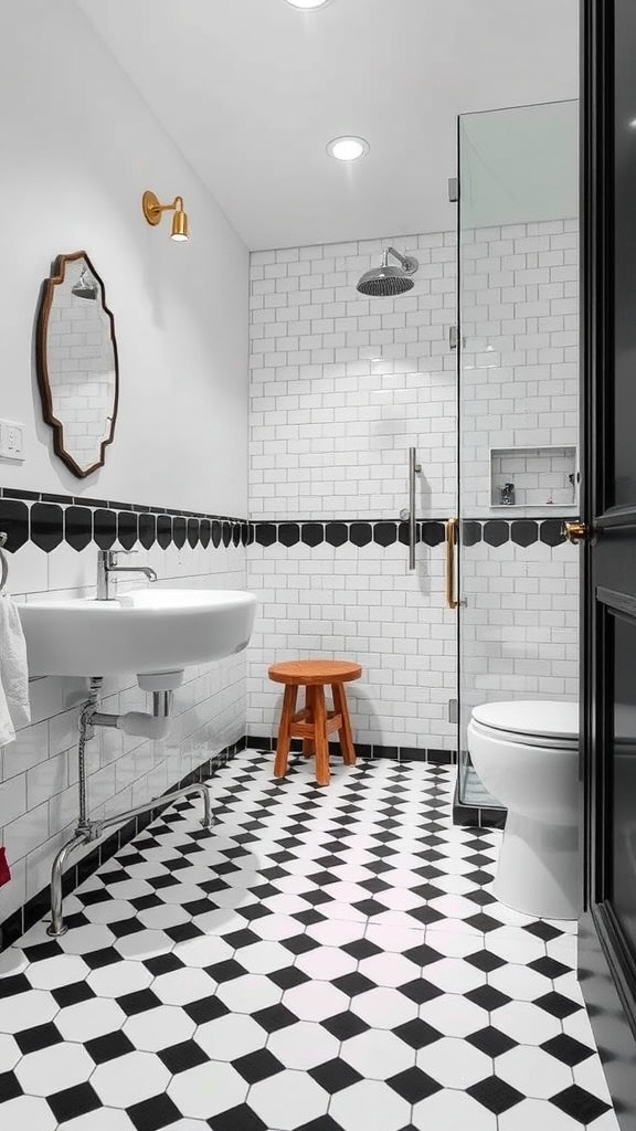 A stylish bathroom featuring classic black and white checkerboard floor tiles, with modern fixtures and a cozy seating area.