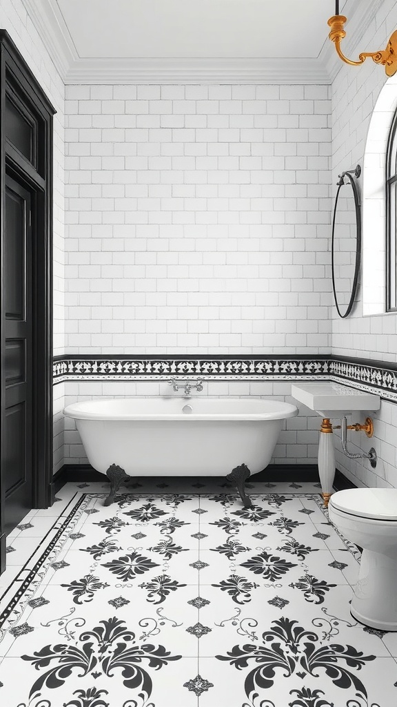 A stylish bathroom featuring classic black and white tiles, a clawfoot tub, and elegant decor.