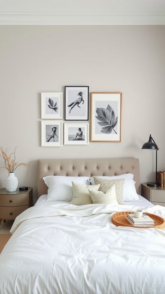 A stylish bedroom showcasing a light gray and white color scheme with a cozy bed and warm decor.