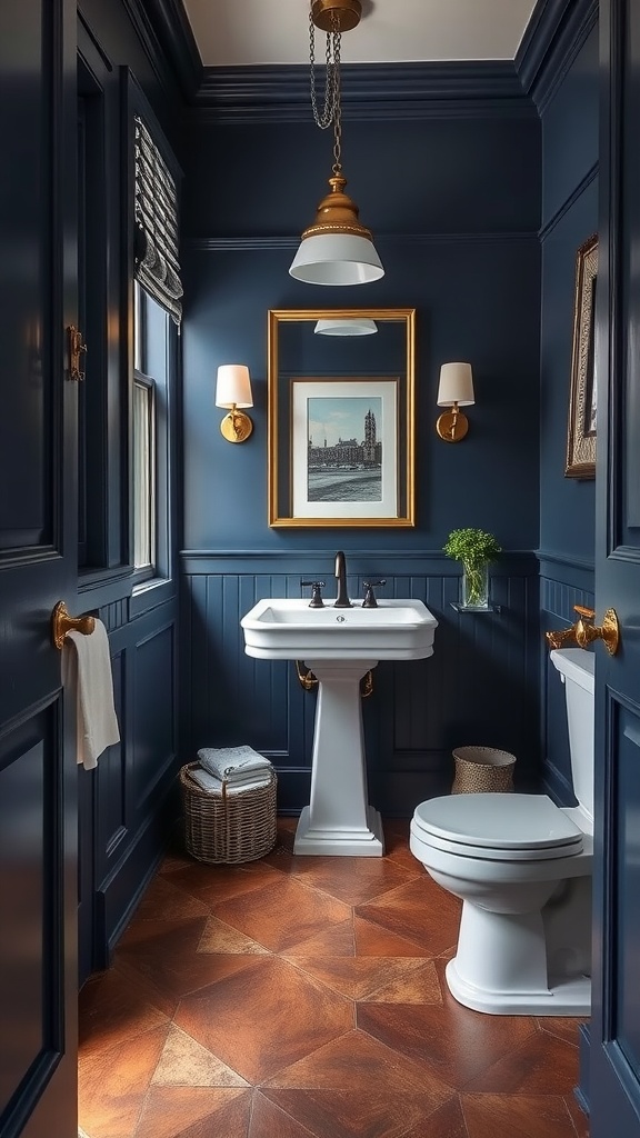 A bathroom with navy blue walls, brown tile flooring, and a vintage bathtub.