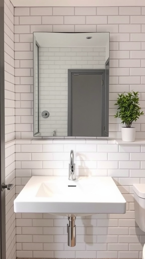 A bathroom with classic white subway tiles, a modern sink, and a mirror.