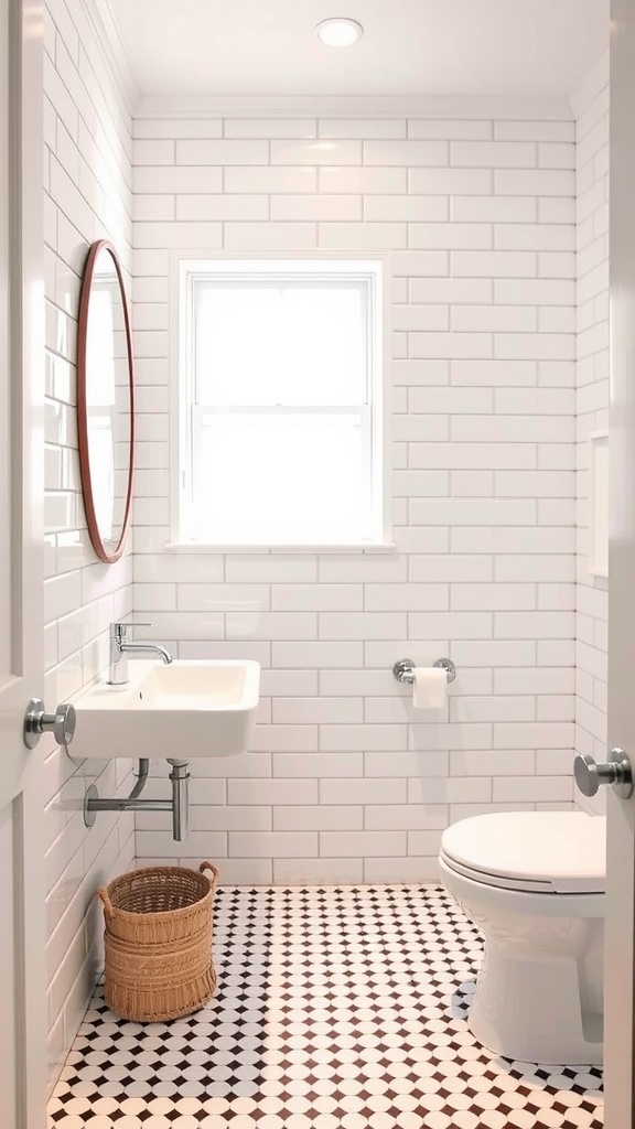 A modern bathroom featuring classic white subway tiles on the walls and a patterned grey tile floor.