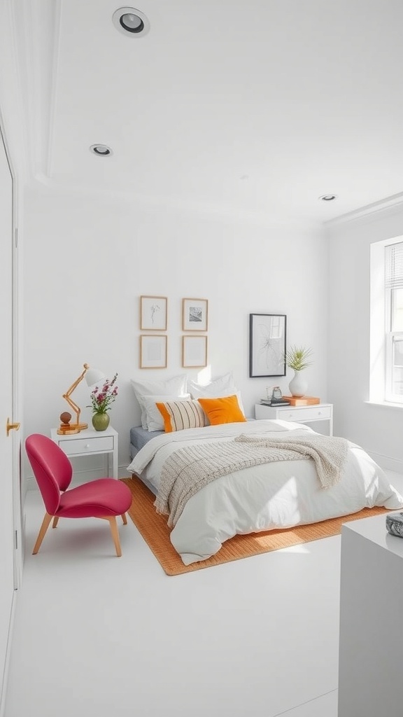 A modern bedroom featuring classic white walls and colorful accent decor, including pink and orange elements.