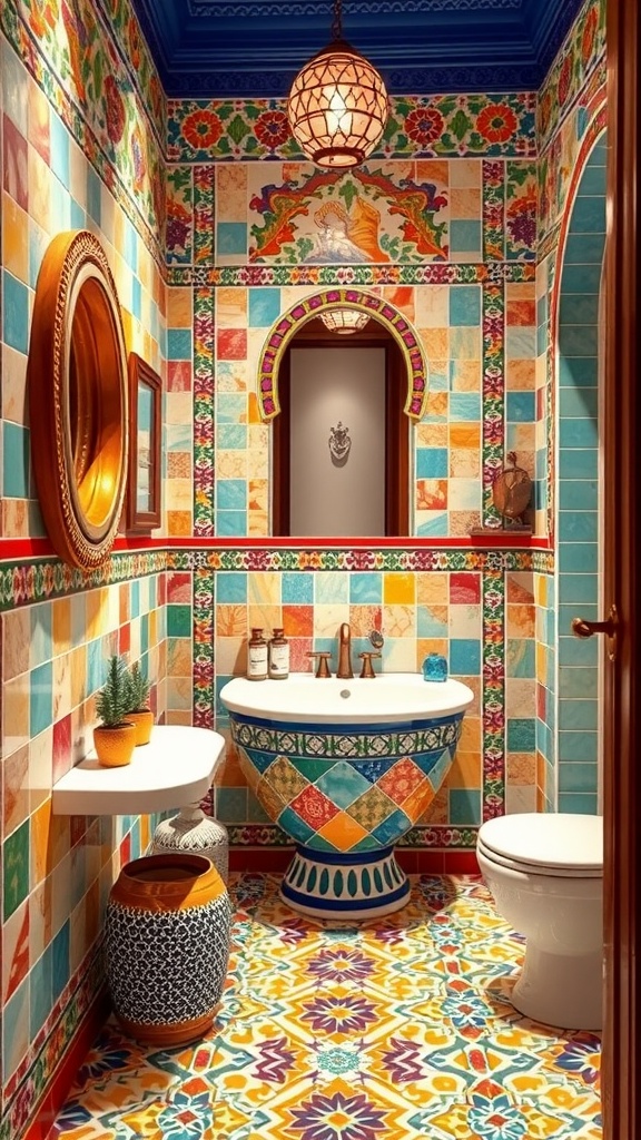 A large, luxurious bathroom featuring colorful mosaic tile designs on the walls and floor.