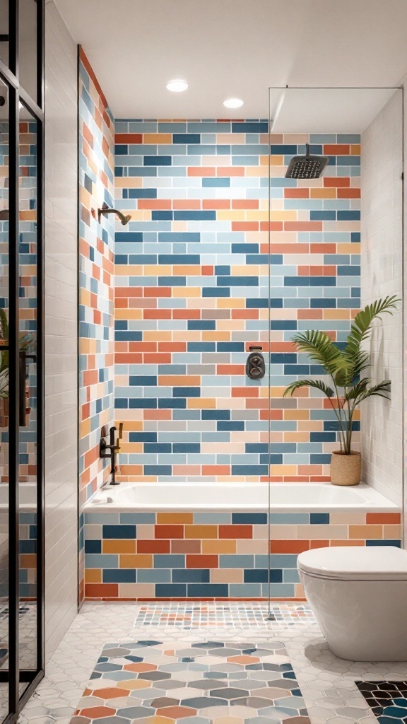 Vibrant colorful subway tile shower design with a mix of blue, red, yellow, and neutral tones.