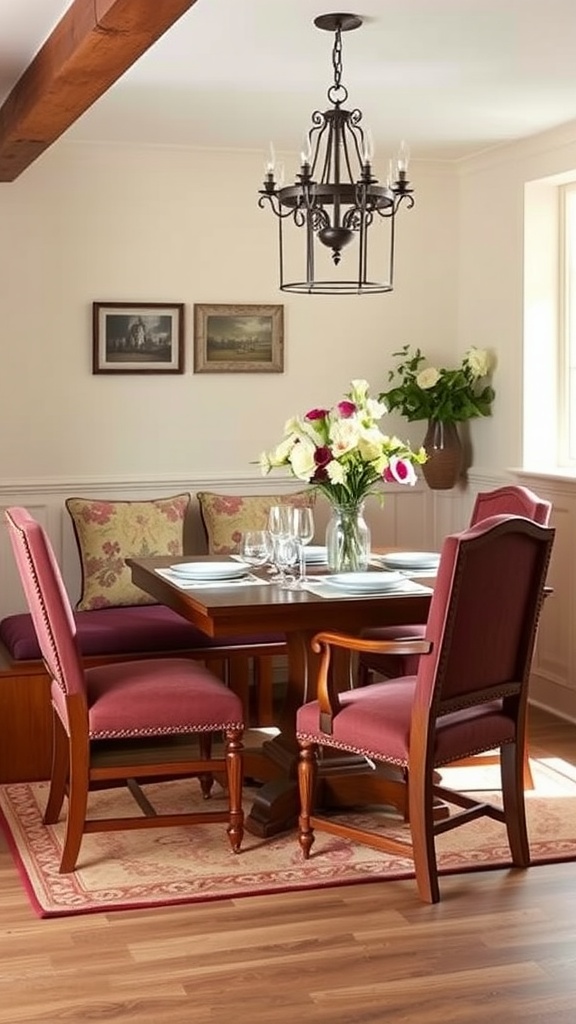 Cozy farmhouse dining room with a round table and upholstered chairs.