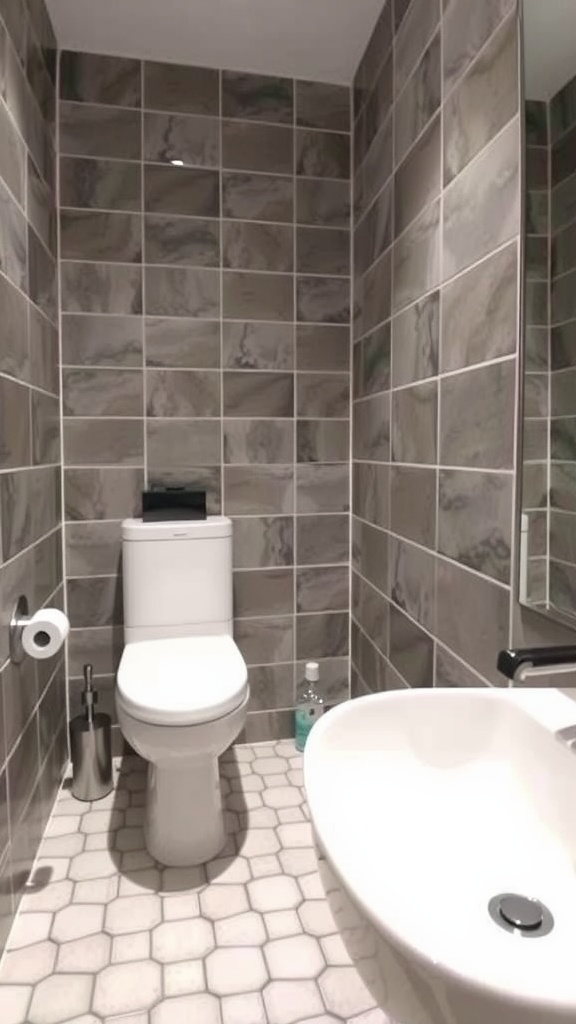 A small bathroom featuring white subway tiles with dark grout and a textured floor