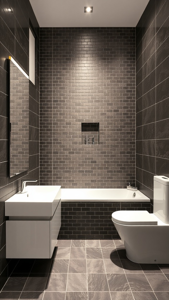 Bathroom with dark brown tiles on walls and floor, featuring a white vanity and toilet.