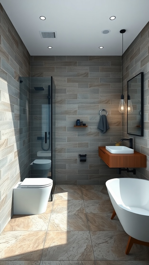 A modern bathroom featuring brown tiles, cool blue and gray walls, a glass shower, and a wooden vanity.