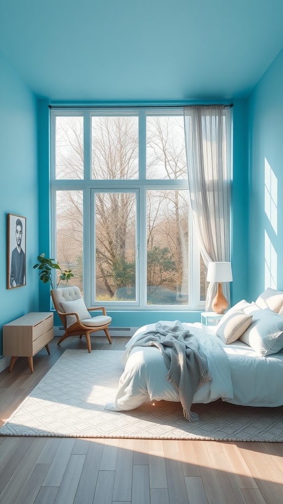 A modern bedroom with sky blue walls, large windows, and cozy decor.