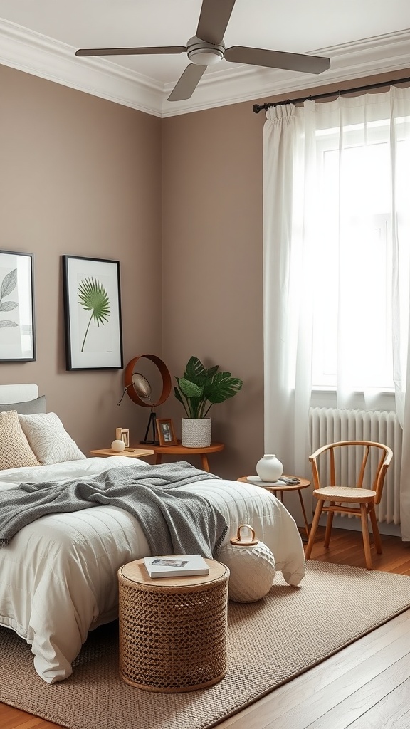 A minimalist bedroom featuring cool taupe walls, cozy bedding, and natural decor elements.