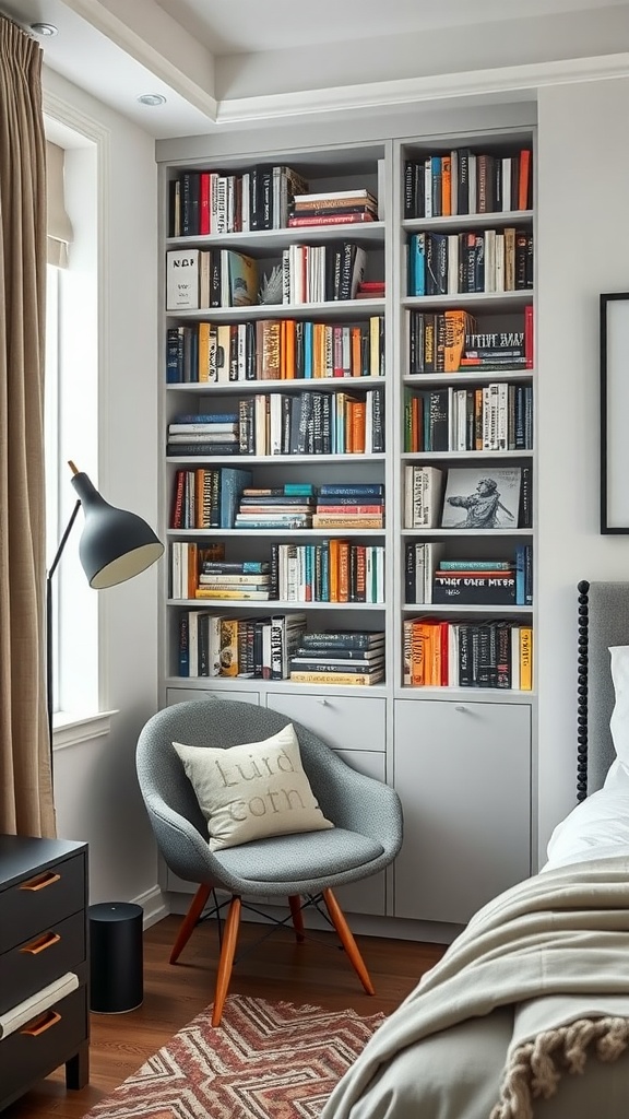 A stylish corner bookshelf filled with books and decorative items, next to a cozy chair and bed in a bedroom.