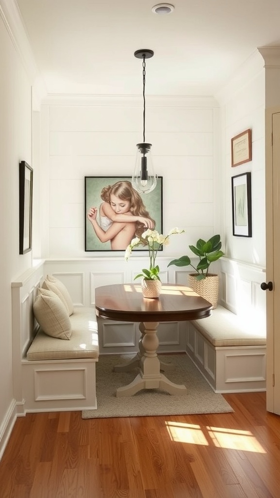 Cozy dining nook featuring bench seating, a wooden table, and decorative plants.