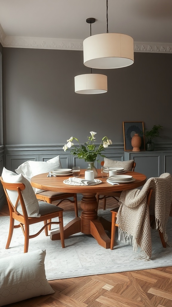 Cozy dining room with wooden table, elegant chairs, and soft fabrics.