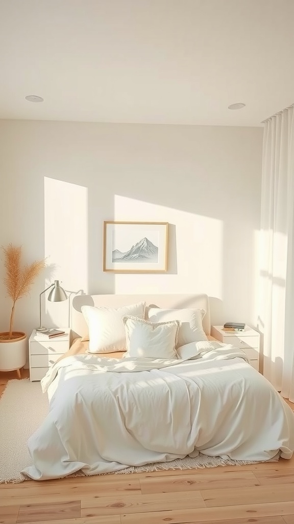 A minimalist bedroom with creamy off-white walls, a cozy bed, potted plant, and natural light streaming in.